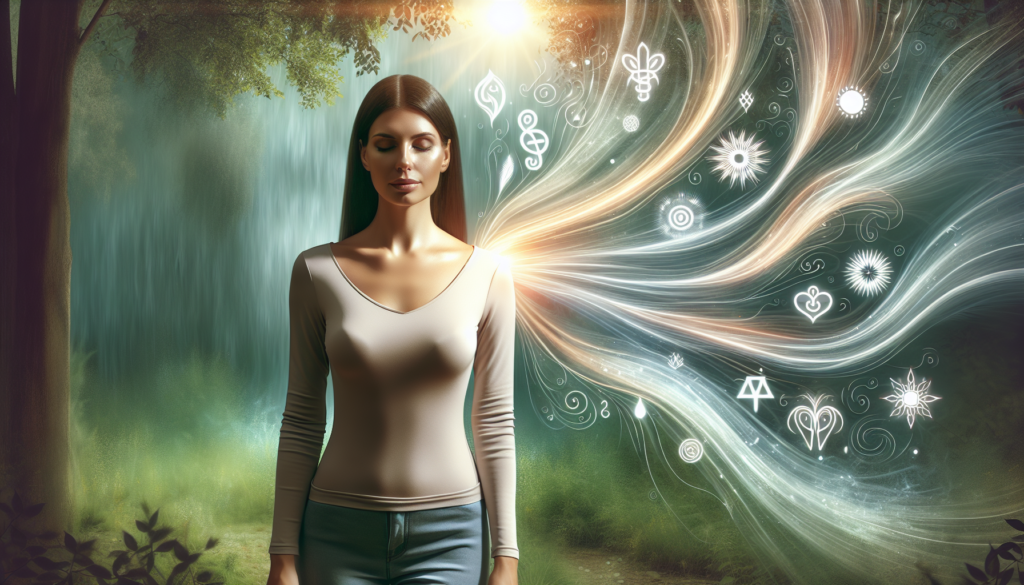 create an image of a woman who's energy field absorbs the energy around her good and bad