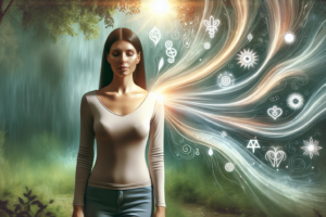 create an image of a woman who's energy field absorbs the energy around her good and bad